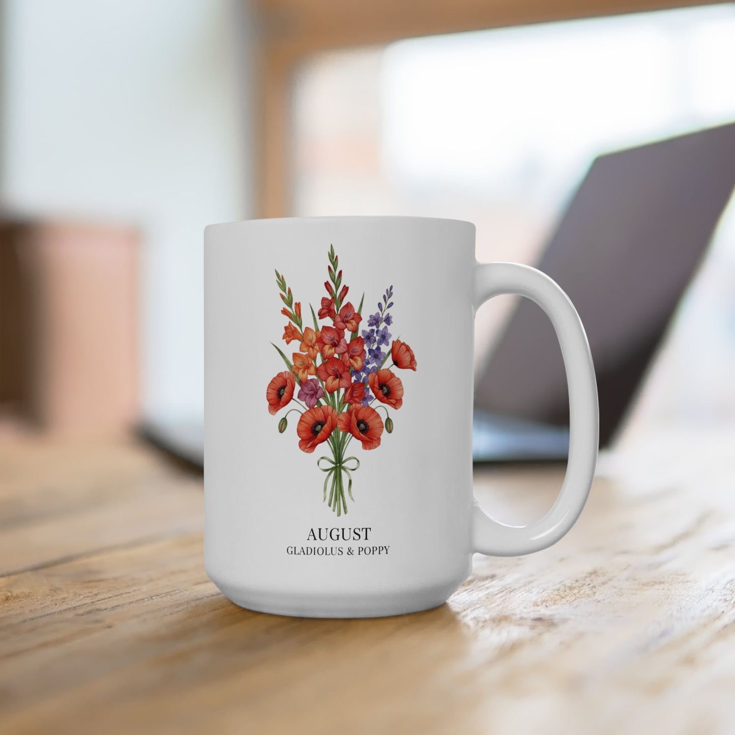 August Birth Flowers Gladiolus & Poppy Ceramic Mug