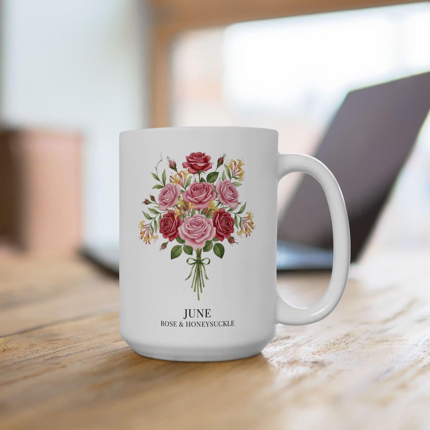 June Birth Flowers Rose and Honeysuckle Ceramic Mug | 15oz