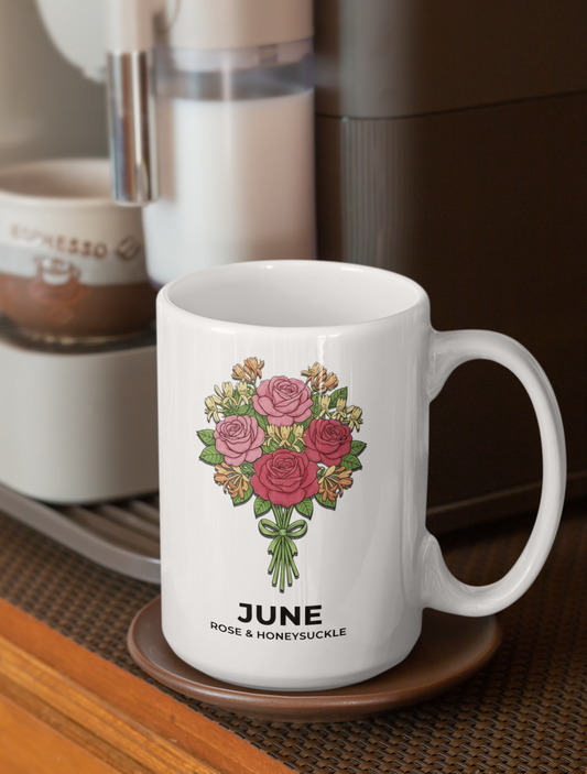 June Birth Flowers Rose and Honeysuckle Ceramic Mug | 15oz