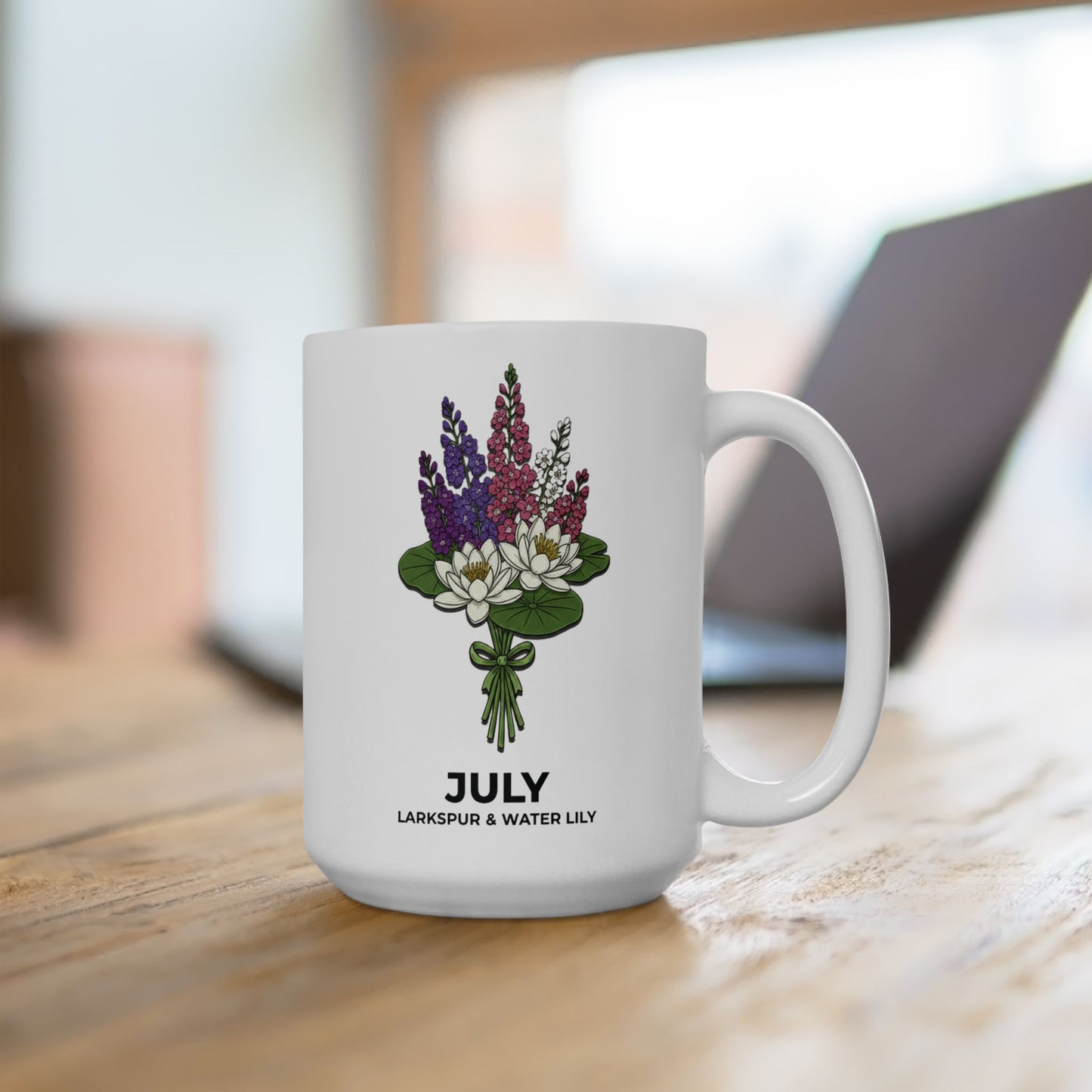 July Birth Flower Larkspur and Water Lily Mug