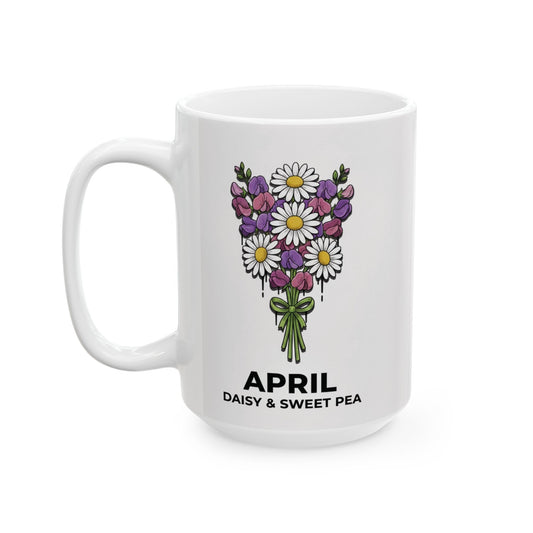 April Birth Flowers Ceramic Mug | Daisy and Sweet Pea Floral Design
