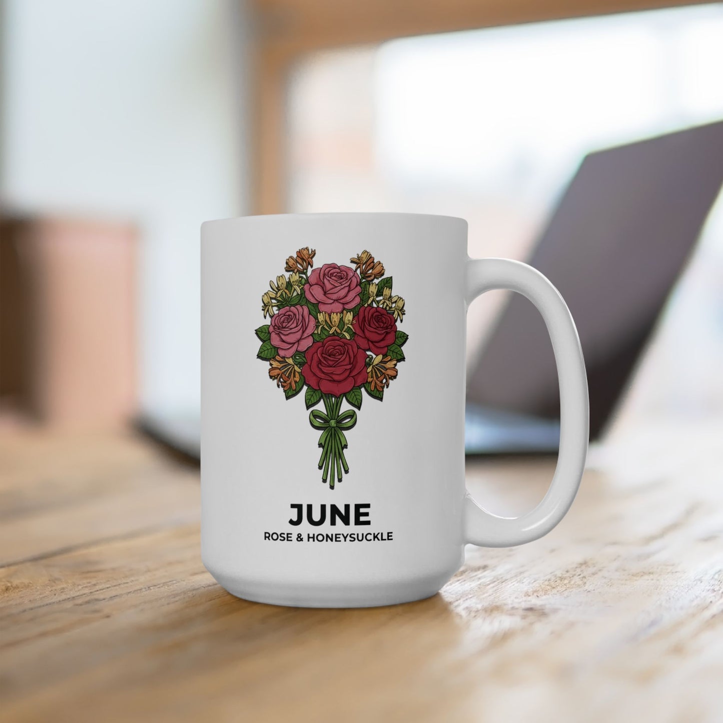June Birth Flowers Rose and Honeysuckle Ceramic Mug |  15oz