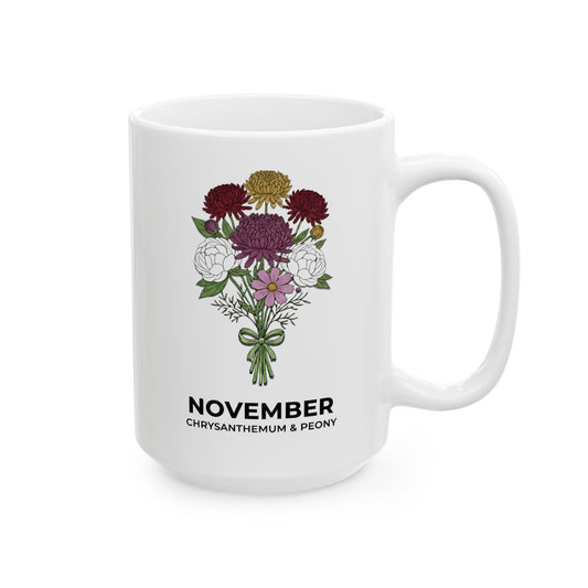 November Birth Flowers Chrysanthemum and Peony Mug