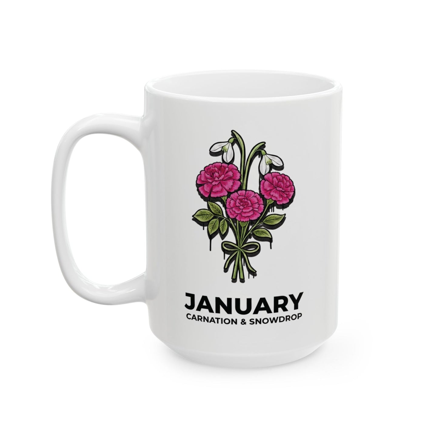 January Birth Flowers Carnation and Snowdrop  Mug | Ceramic Coffee Mug 15oz