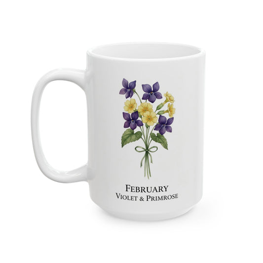 February Birth Flowers Violet and Primrose Mug | Ceramic Coffee Cup