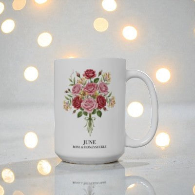 June Birth Flowers Rose and Honeysuckle Ceramic Mug |  15oz