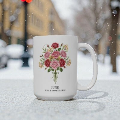 June Birth Flowers Rose and Honeysuckle Ceramic Mug |  15oz