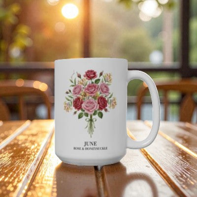 June Birth Flowers Rose and Honeysuckle Ceramic Mug |  15oz
