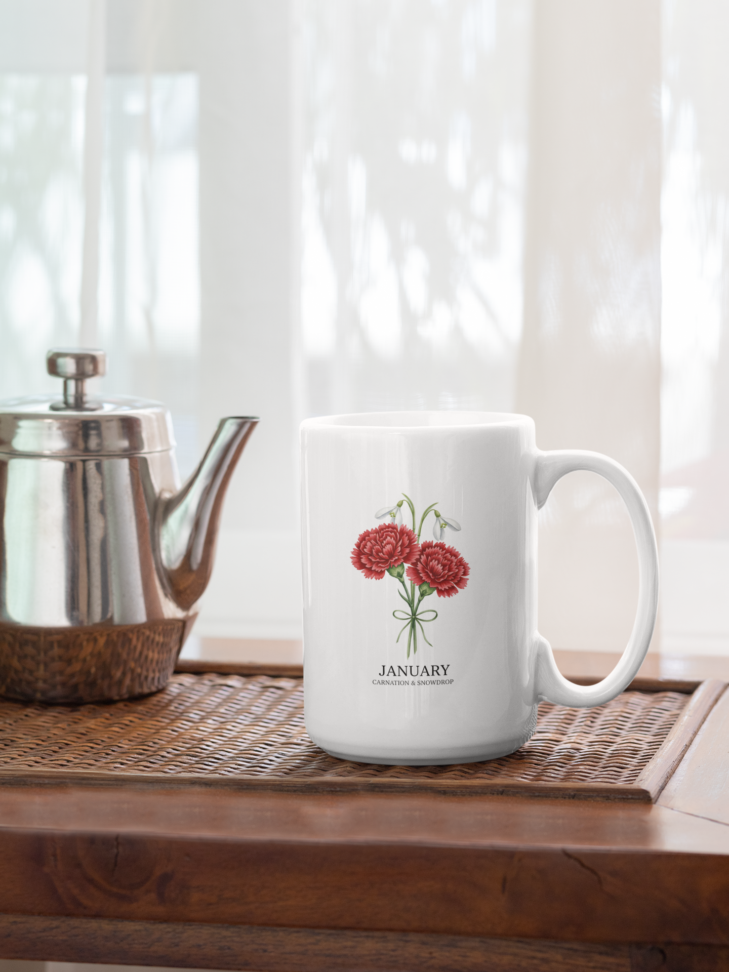 January Birth Flowers Carnation and Snowdrop  Mug | Ceramic Coffee Mug 15oz