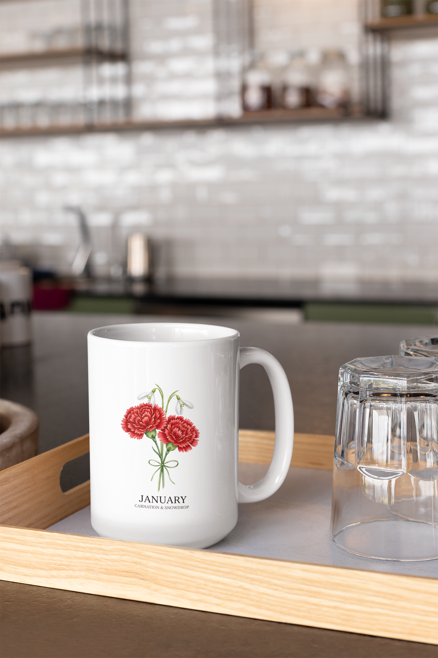 January Birth Flowers Carnation and Snowdrop  Mug | Ceramic Coffee Mug 15oz