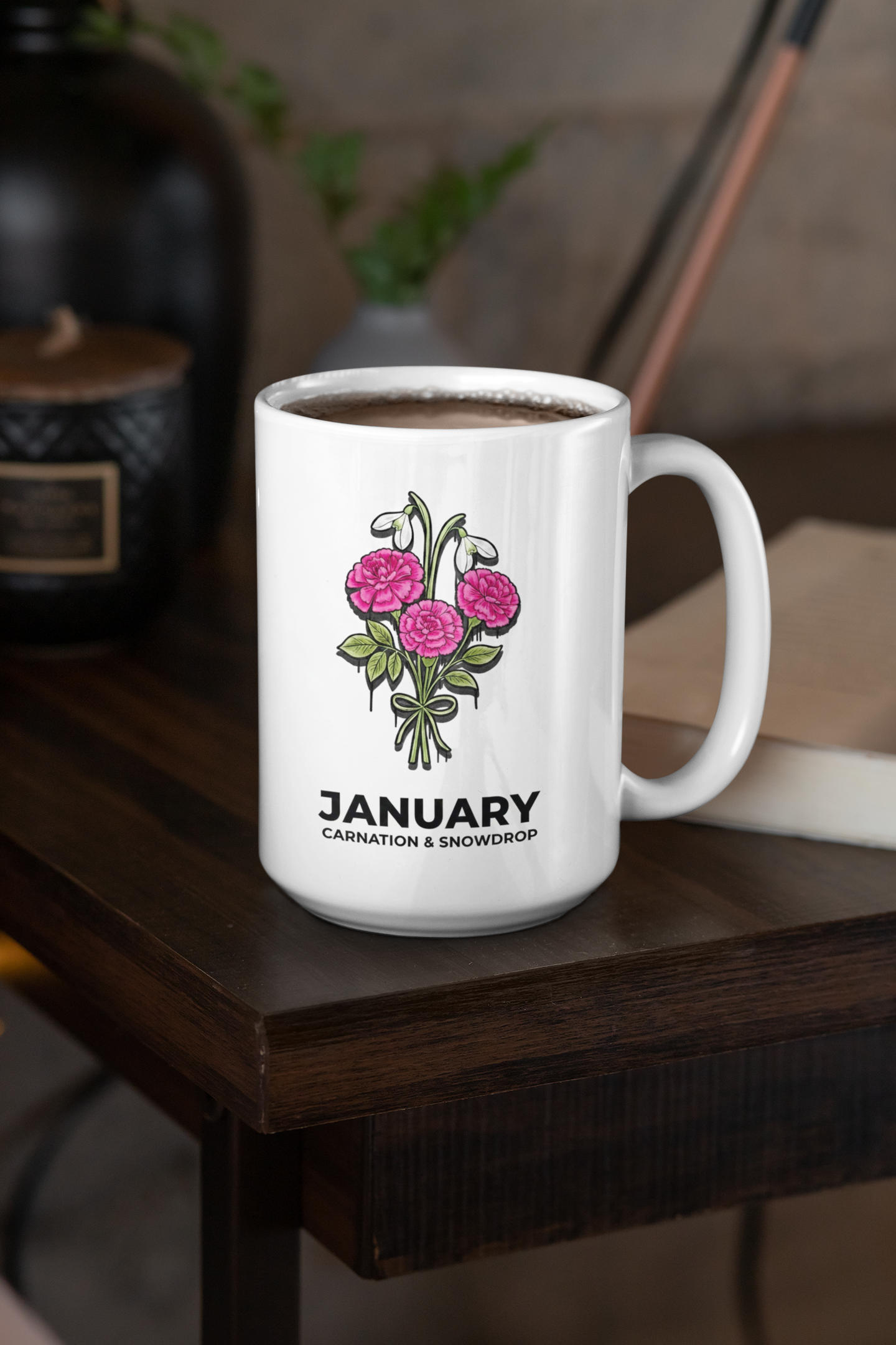 January Birth Flowers Carnation and Snowdrop  Mug | Ceramic Coffee Mug 15oz
