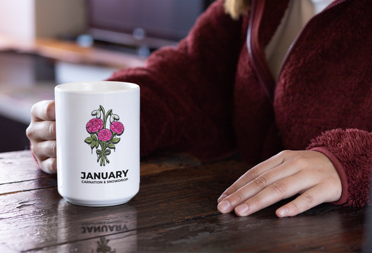 January Birth Flowers Carnation and Snowdrop  Mug | Ceramic Coffee Mug 15oz
