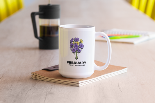February Birth Flowers Violet and Primrose Mug | Ceramic Coffee Cup
