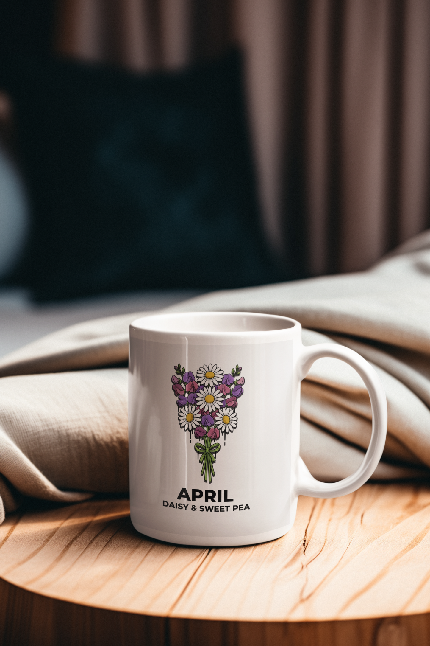 April Birth Flowers Ceramic Mug | Daisy and Sweet Pea Floral Design