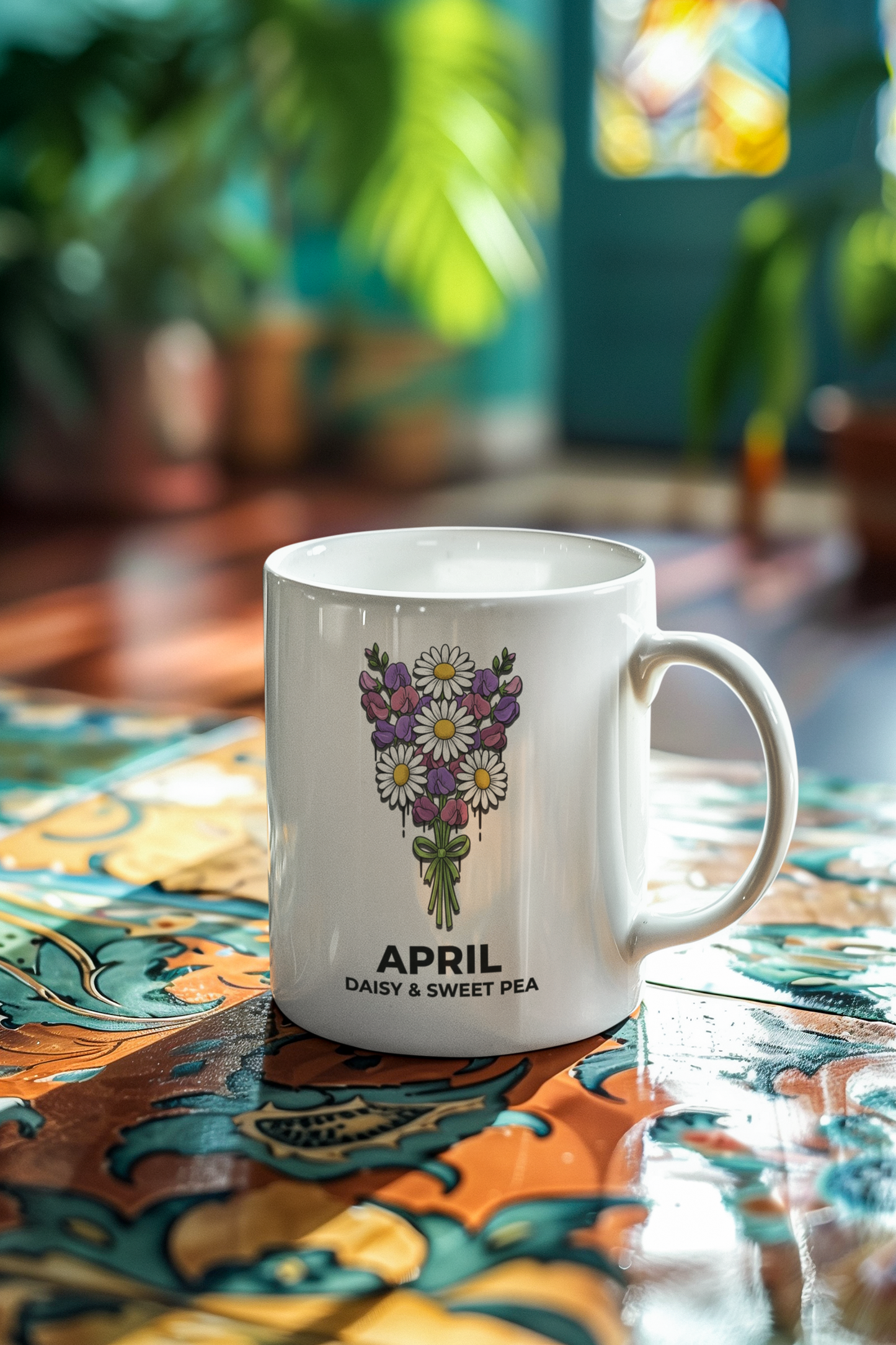 April Birth Flowers Ceramic Mug | Daisy and Sweet Pea Floral Design
