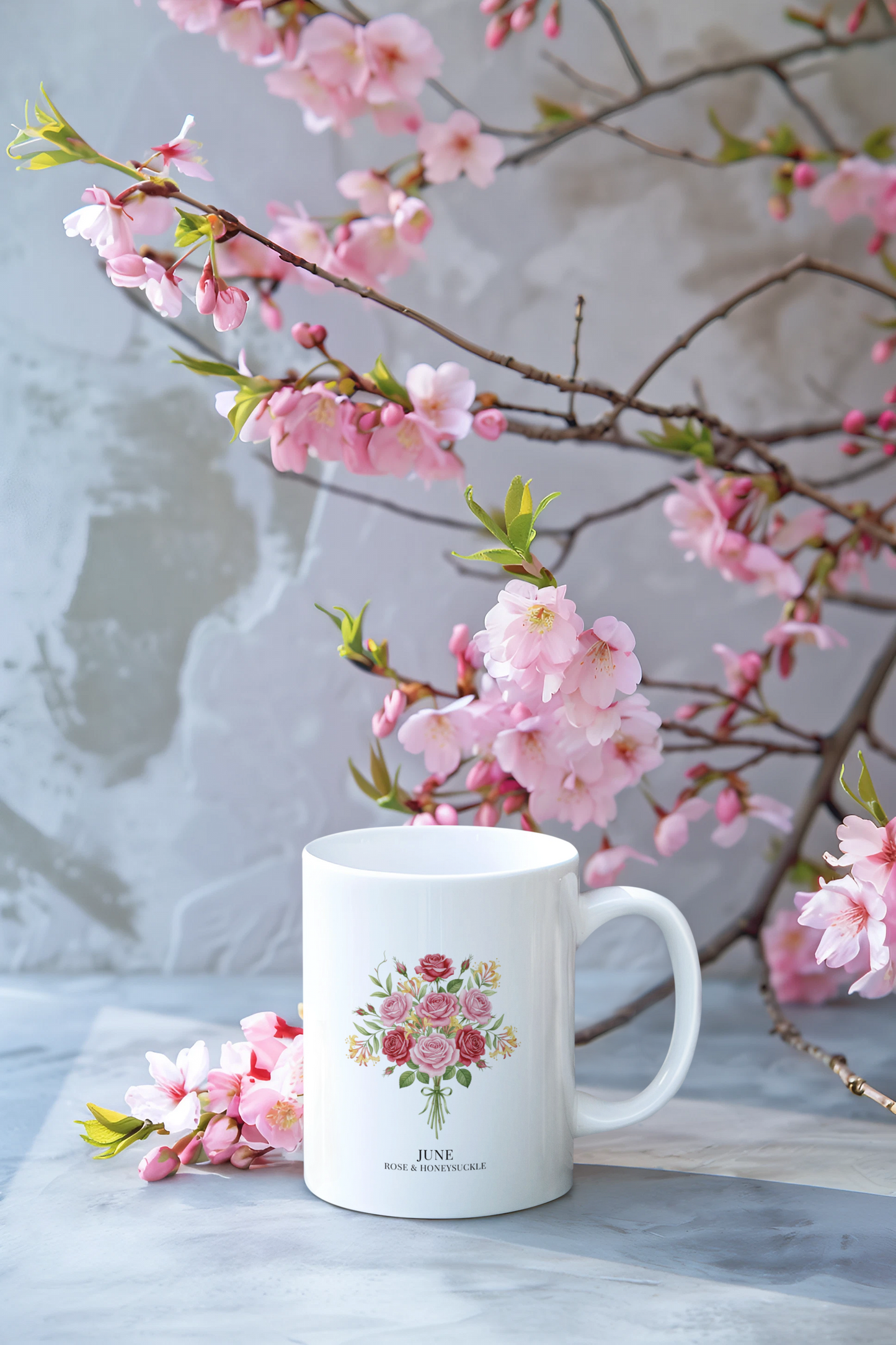 June Birth Flowers Rose and Honeysuckle Ceramic Mug |  15oz