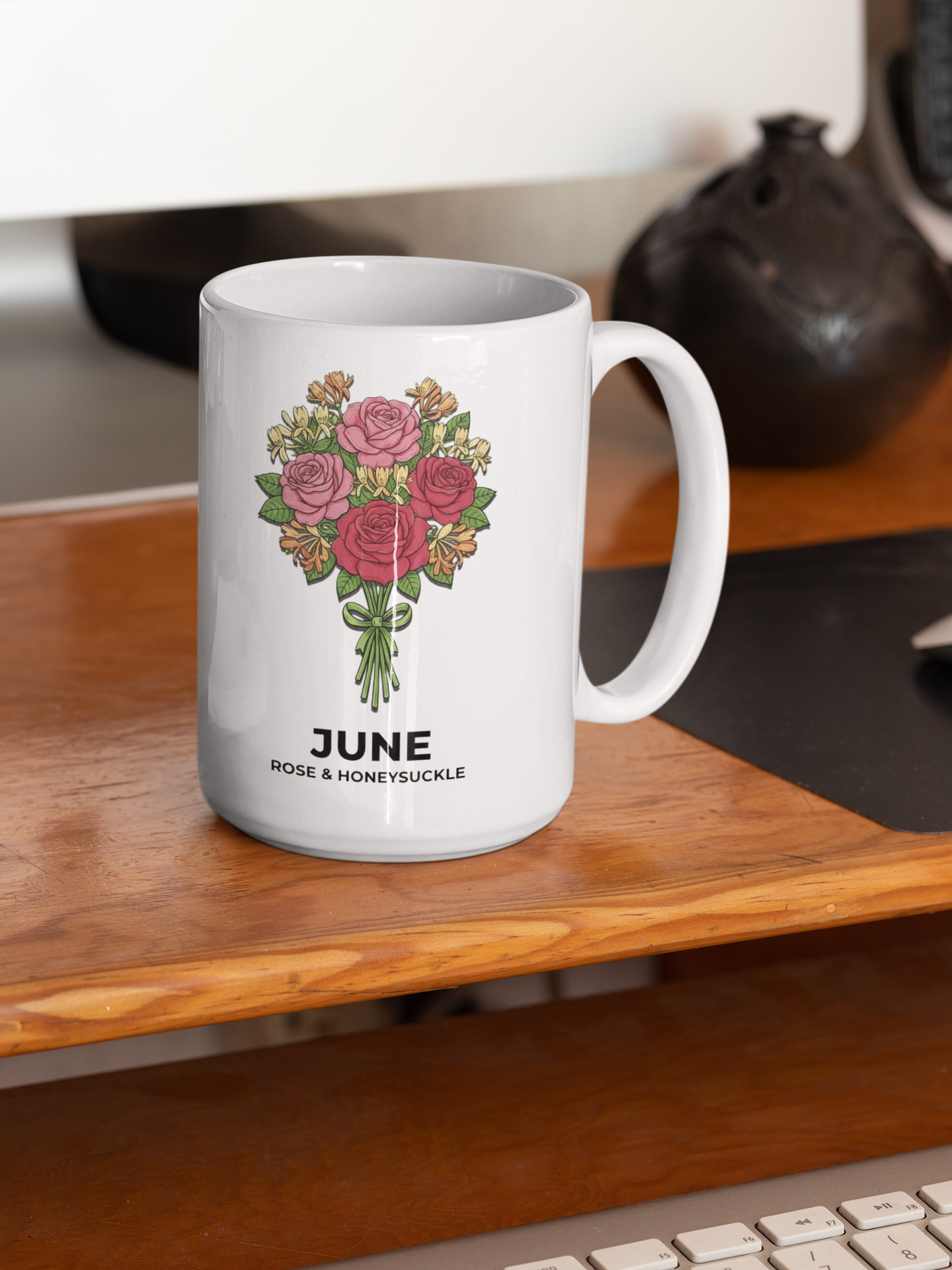 June Birth Flowers Rose and Honeysuckle Ceramic Mug |  15oz