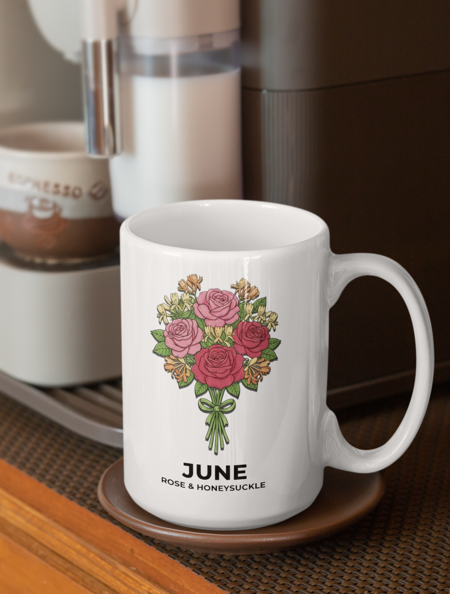June Birth Flowers Rose and Honeysuckle Ceramic Mug |  15oz