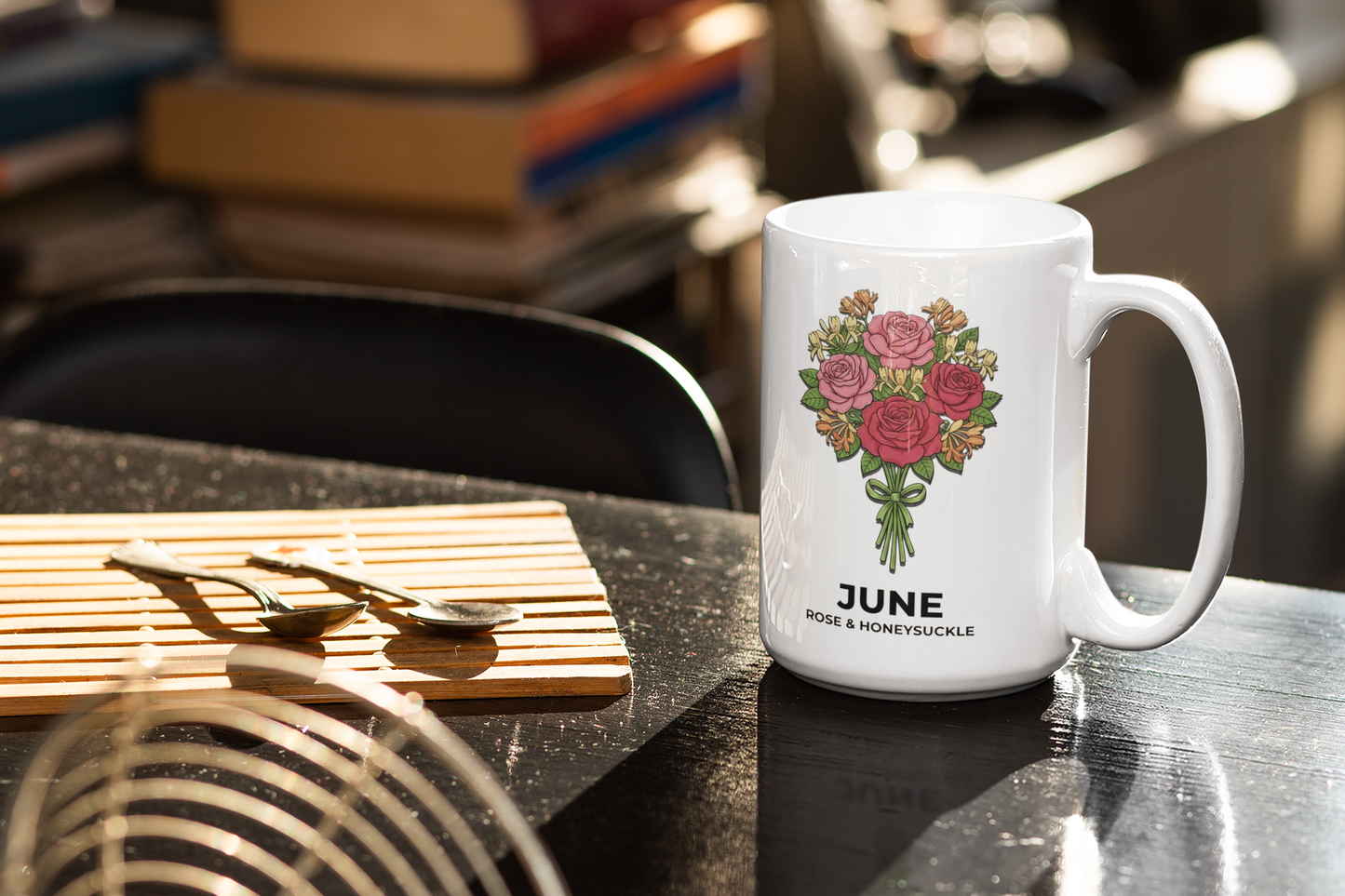 June Birth Flowers Rose and Honeysuckle Ceramic Mug |  15oz
