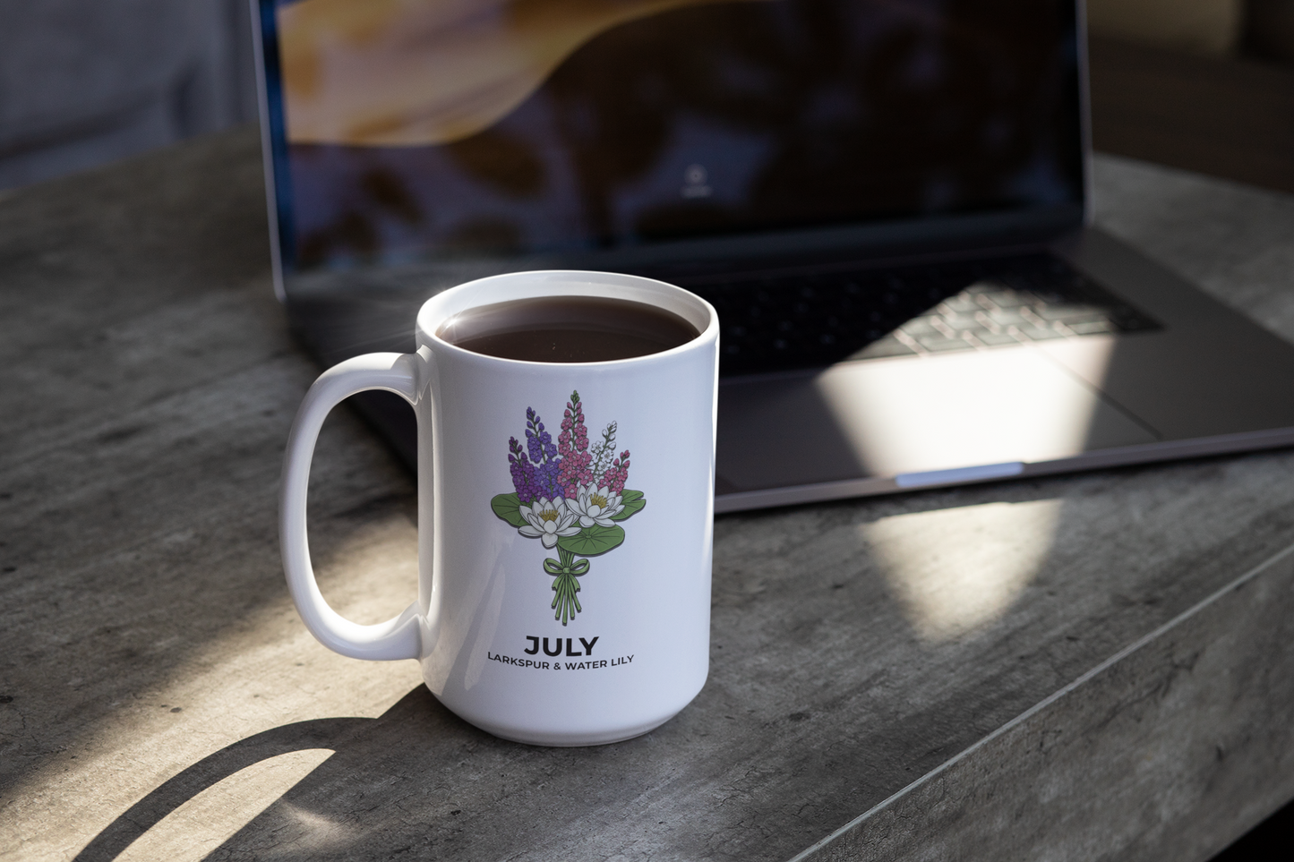 July Birth Flower Larkspur and Water Lily Mug