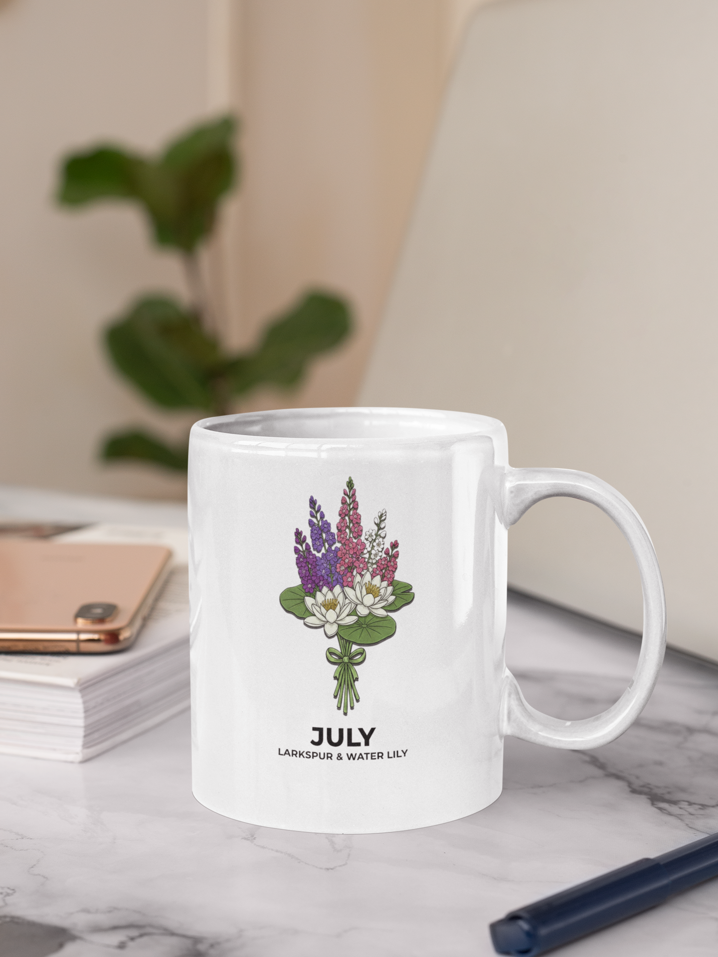 July Birth Flower Larkspur and Water Lily Mug