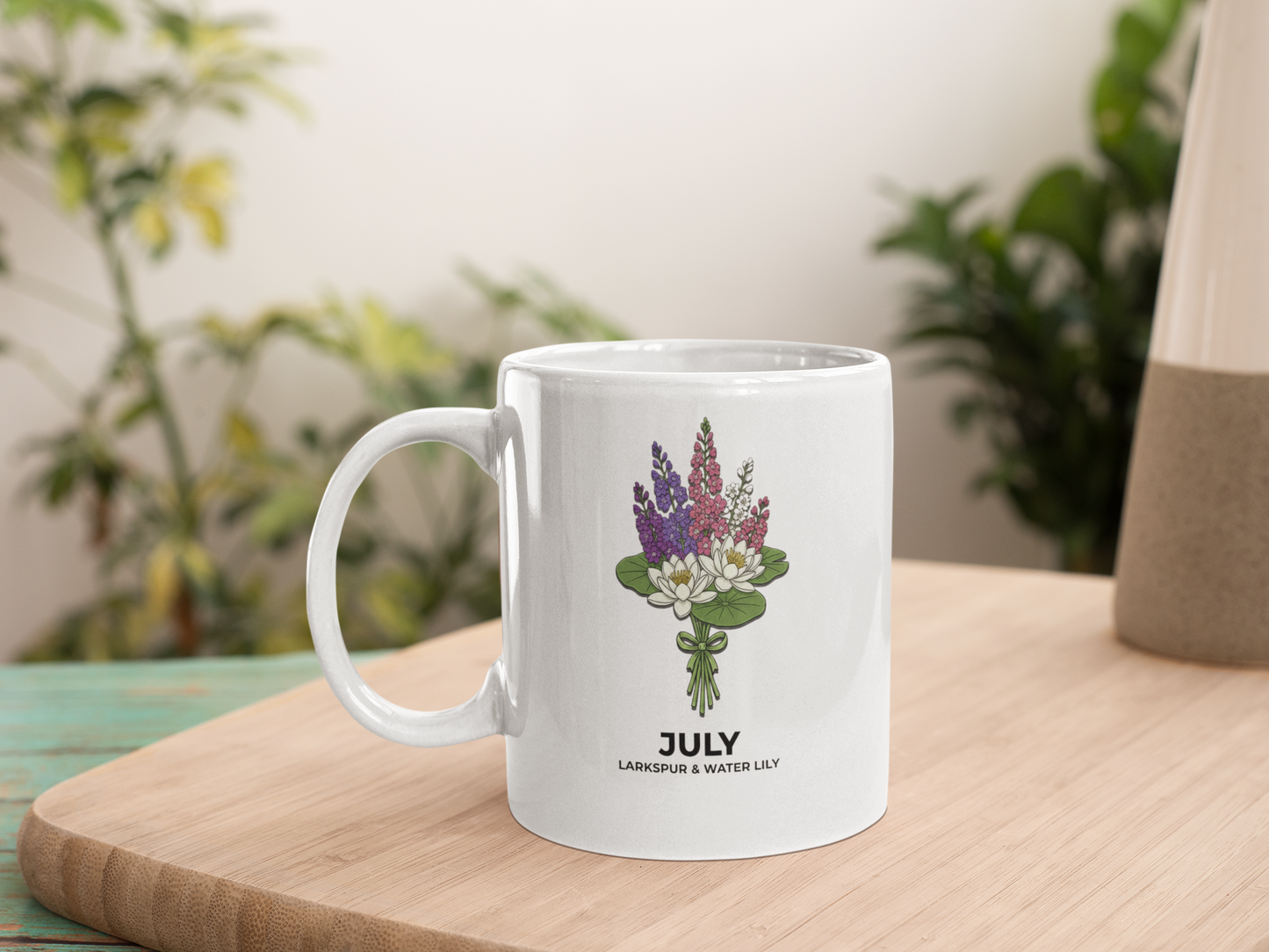 July Birth Flower Larkspur and Water Lily Mug