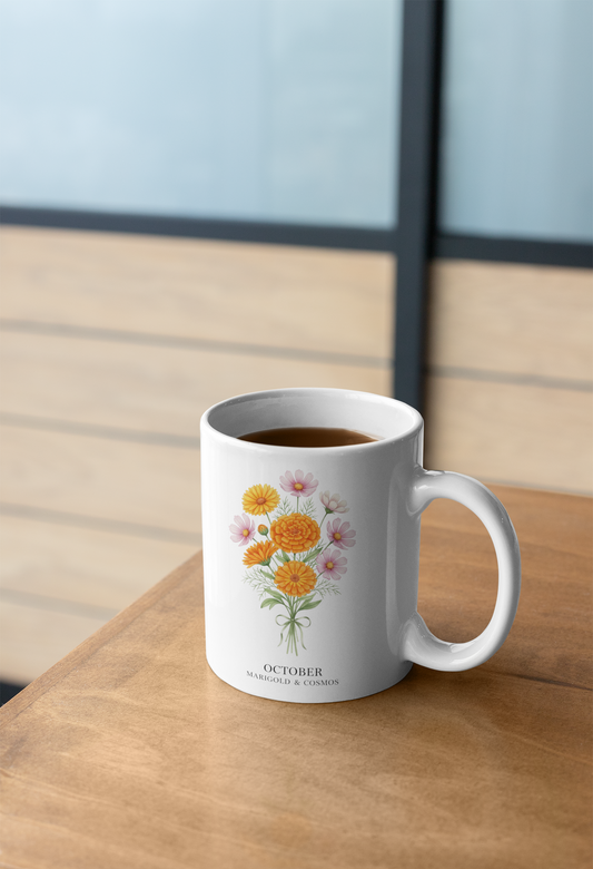 October Birth Flowers Mug | Marigold & Cosmos Ceramic Mug