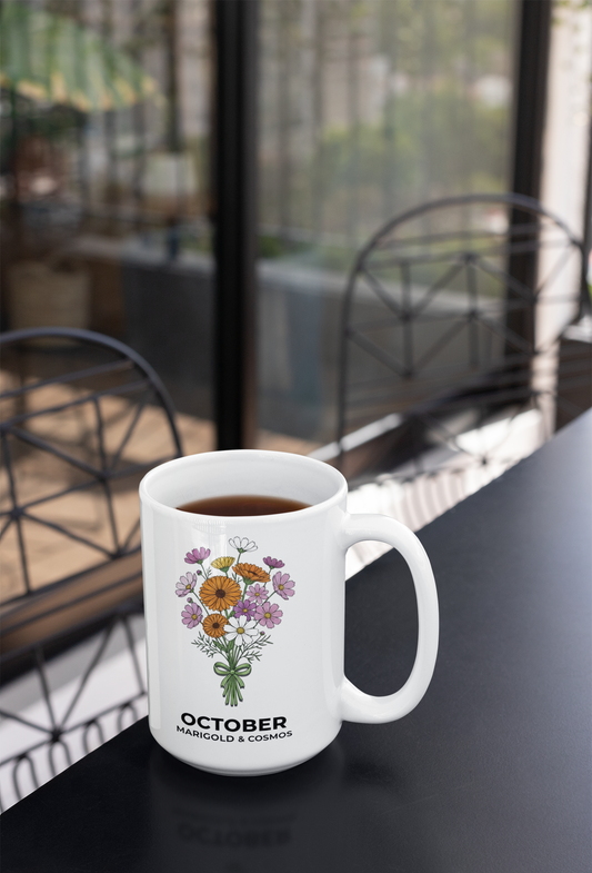 October Birth Flowers Mug | Marigold & Cosmos Ceramic Mug