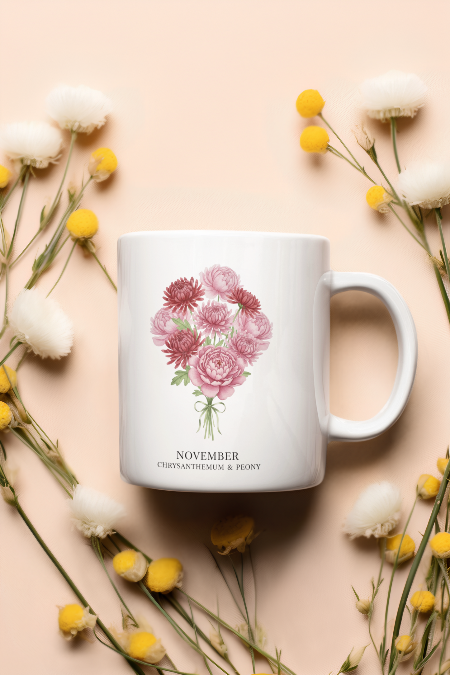 November Birth Flowers Chrysanthemum and Peony Mug