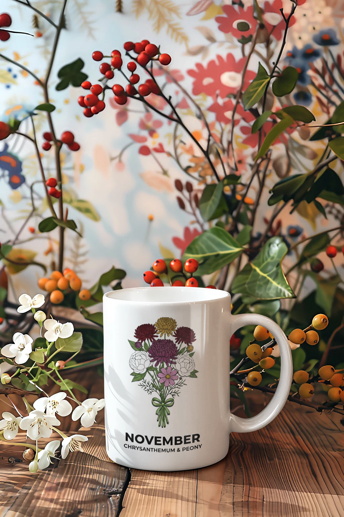 November Birth Flowers Chrysanthemum and Peony Mug