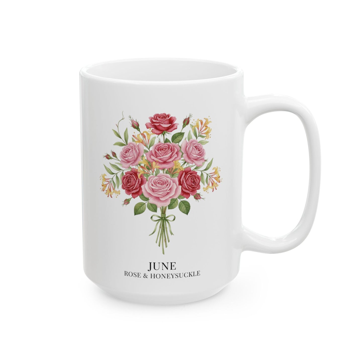 June Birth Flowers Rose and Honeysuckle Ceramic Mug |  15oz