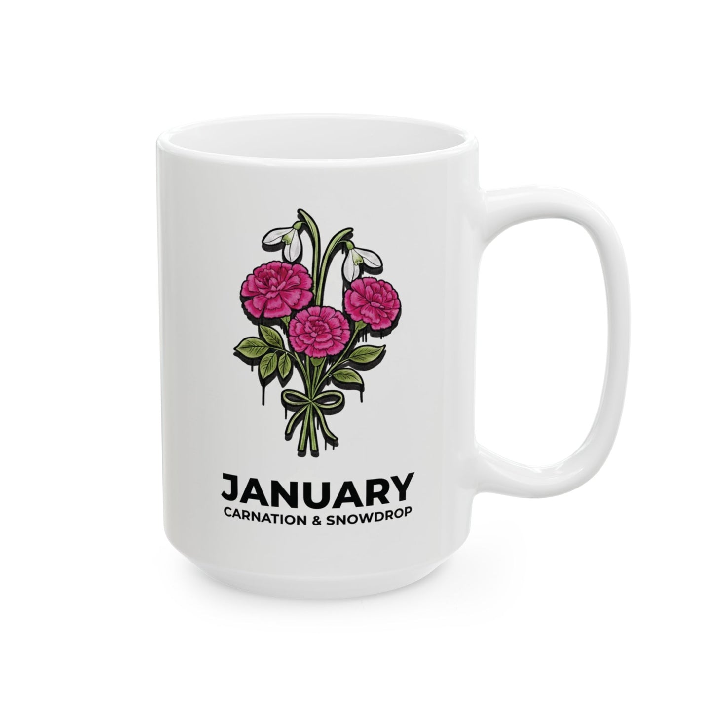January Birth Flowers Carnation and Snowdrop  Mug | Ceramic Coffee Mug 15oz