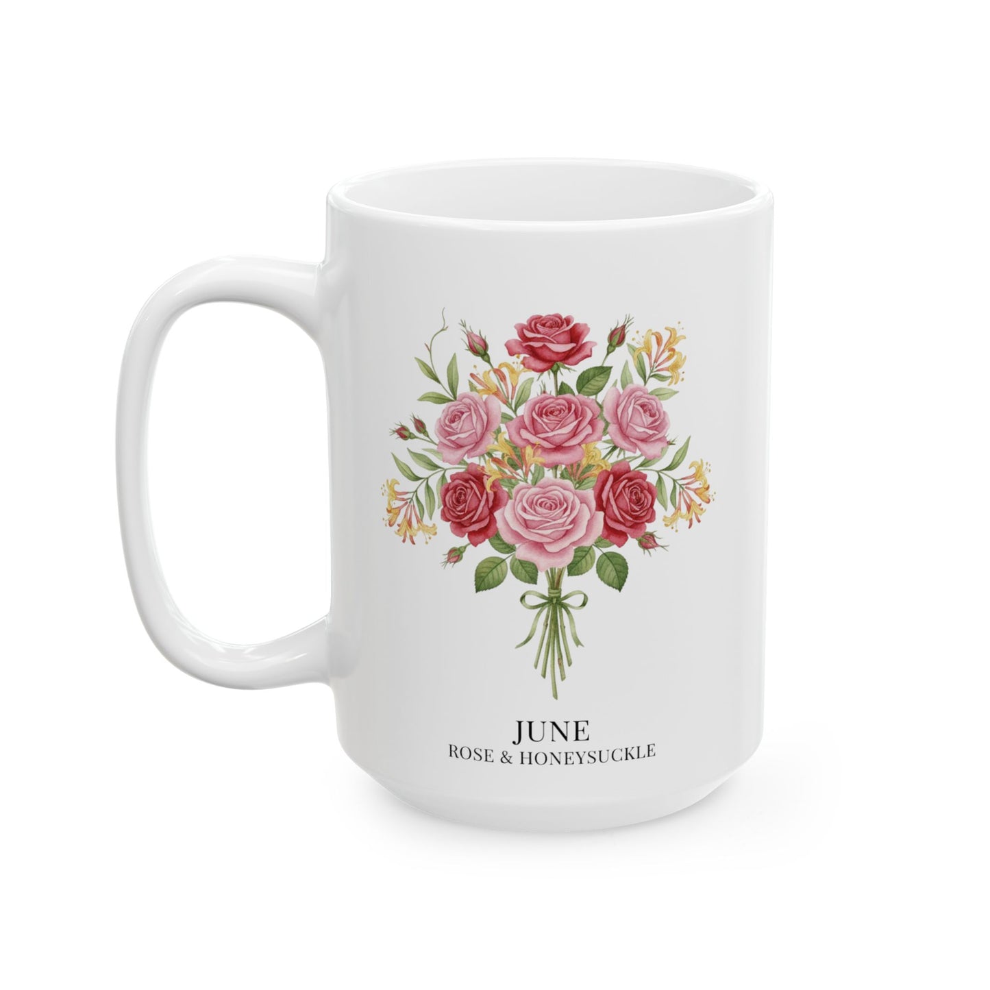 June Birth Flowers Rose and Honeysuckle Ceramic Mug |  15oz