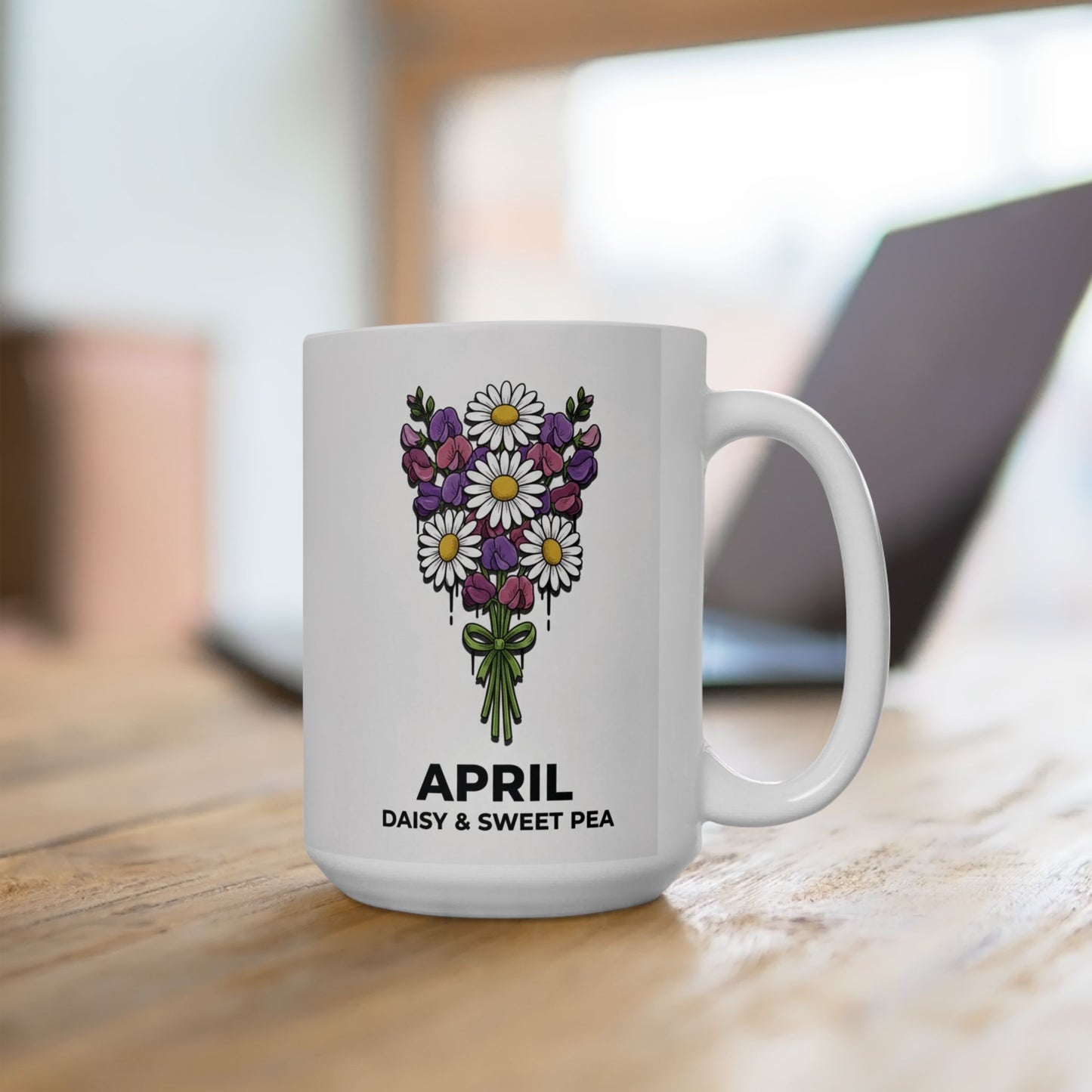 April Birth Flowers Ceramic Mug | Daisy and Sweet Pea Floral Design