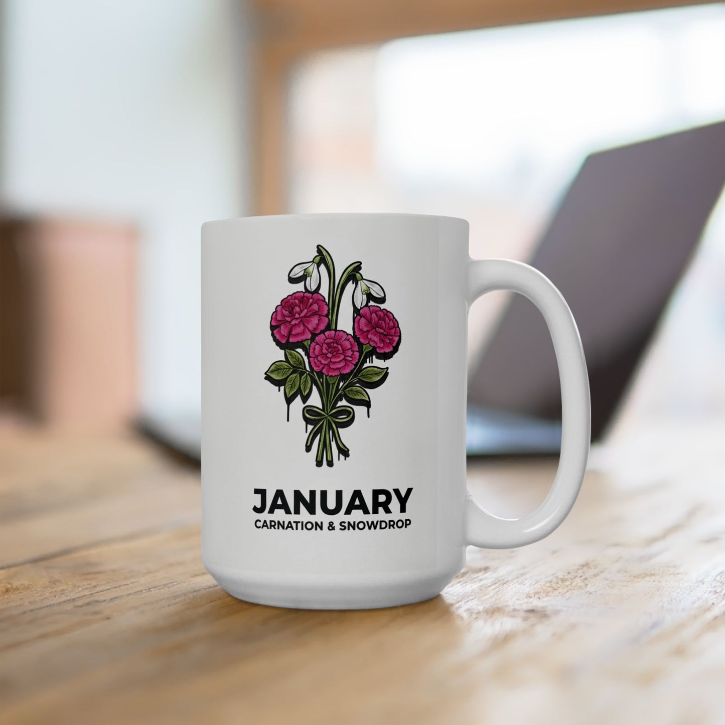 January Birth Flowers Carnation and Snowdrop  Mug | Ceramic Coffee Mug 15oz