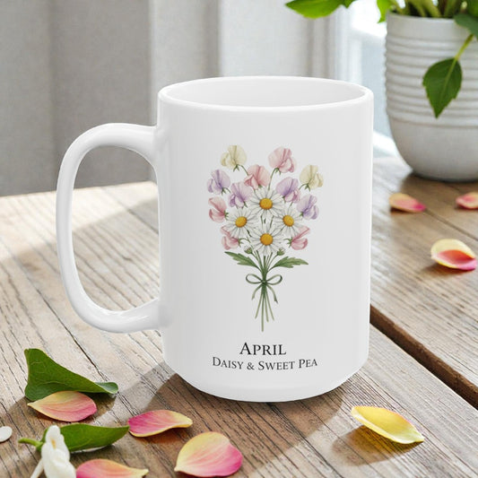 April Birth Flowers Ceramic Mug | Daisy and Sweet Pea Floral Design