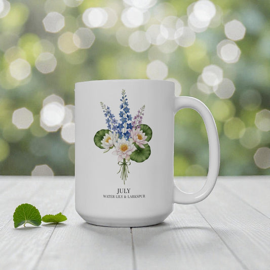 July Birth Flower Larkspur and Water Lily Mug